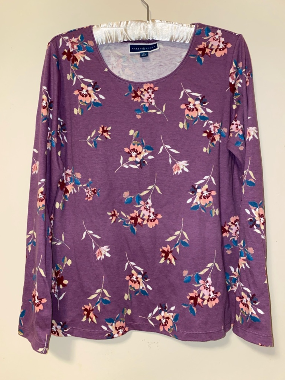Karen Scott Purple Floral Long-Sleeve Scoop Neck Top